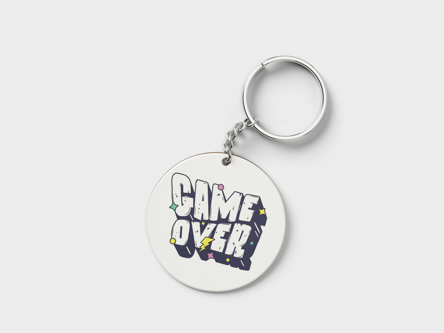 Game Over Digital Graphic Design Printed Circle Shape Wooden Keyring with Chain