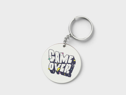 Game Over Digital Graphic Design Printed Circle Shape Wooden Keyring with Chain