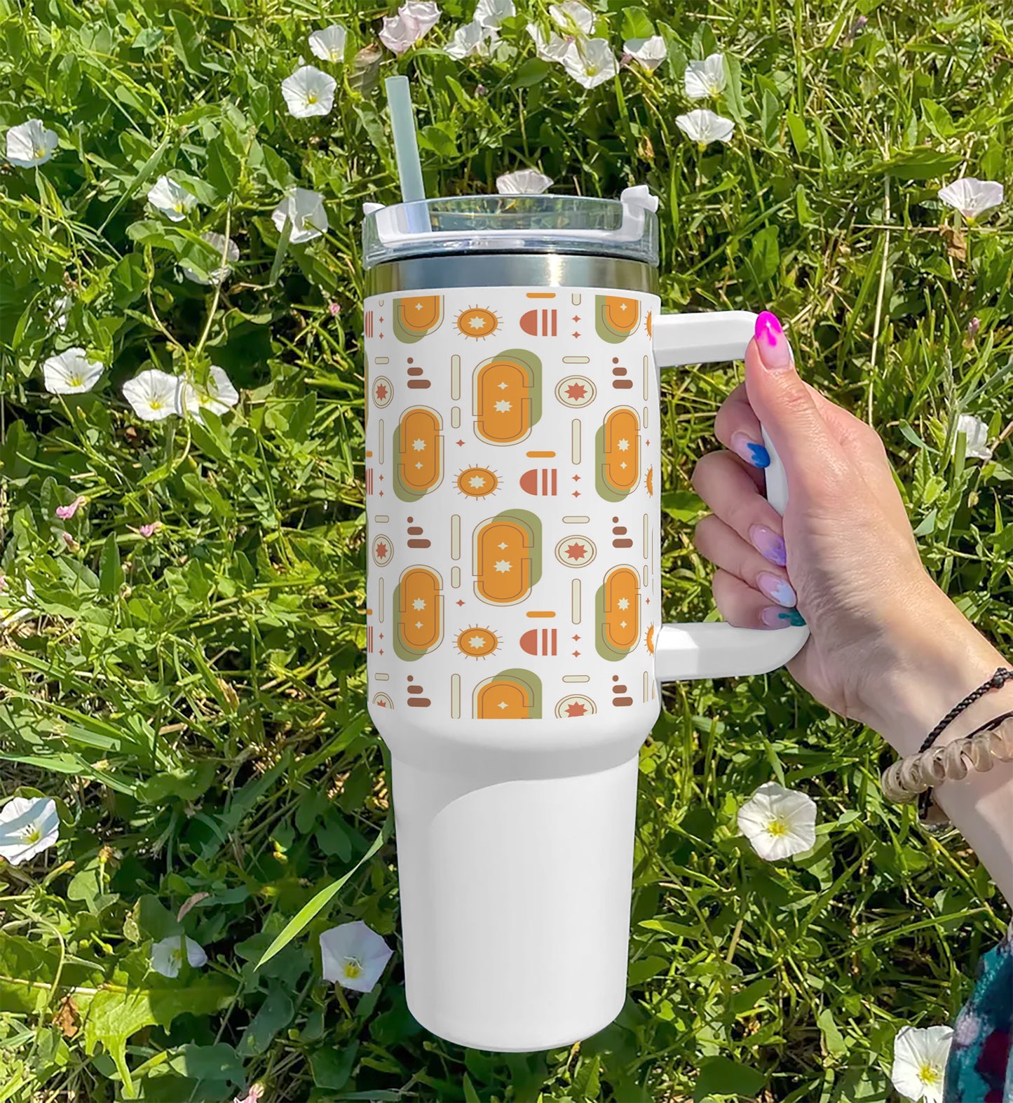 Flat design boho geometric pattern Printed 850ML with Lid Leak Proof Big Travel Tumbler with Handle and Straw