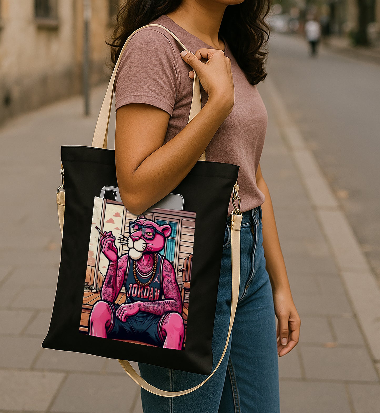 Pink panther Printed Women's Girls Cross Body Sling Bag with Extra Front Pocket, College Bag for Girls, Tote Bag for Shopping,Travel