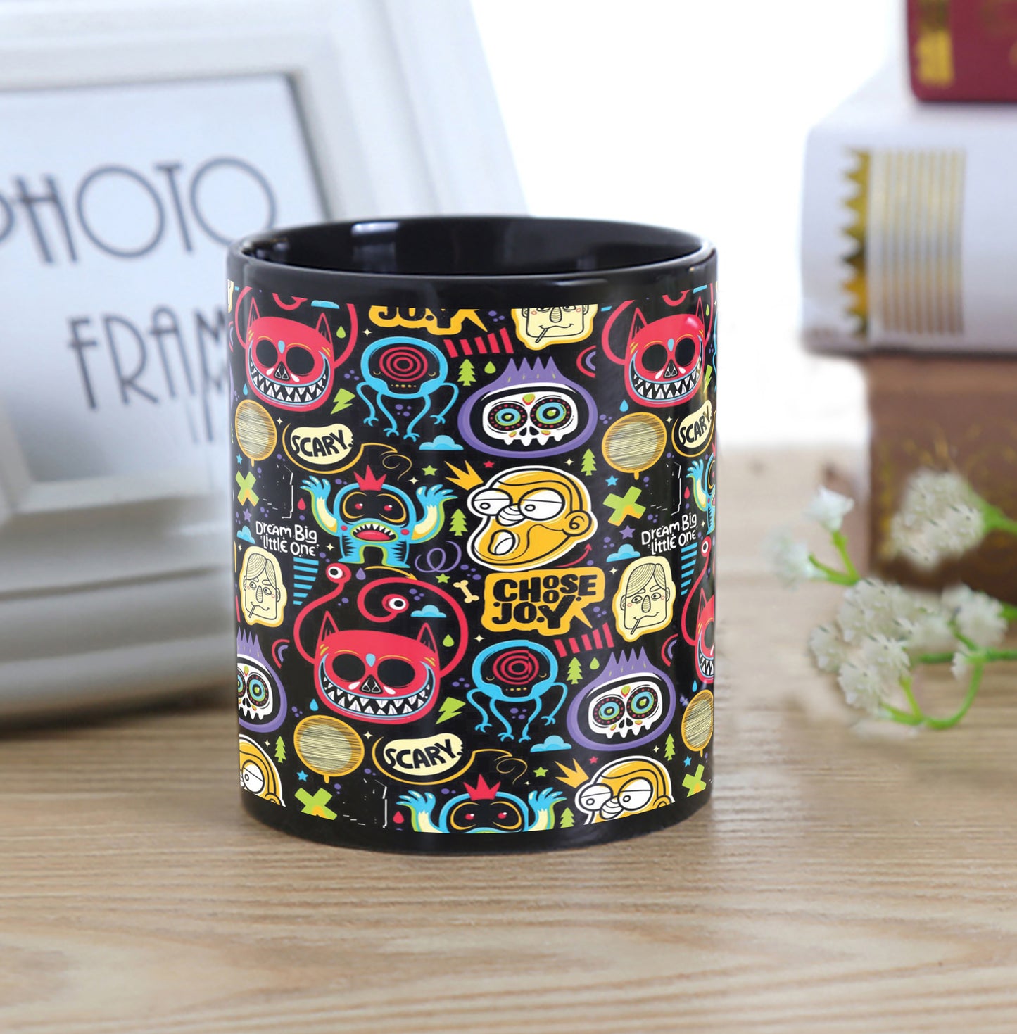 Cute Monster Doodle Art Pattern Design Full Black 330 ml Coffee Mug with Coaster