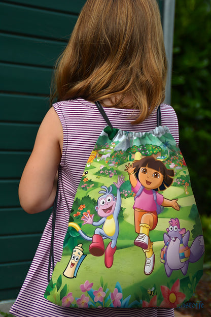 Dora The Explorer Scenery Pattern Polyester String Backpack Bags for kids for Gym, Yoga, Tuition ,Beach Bag for 4-10 year boys and girls