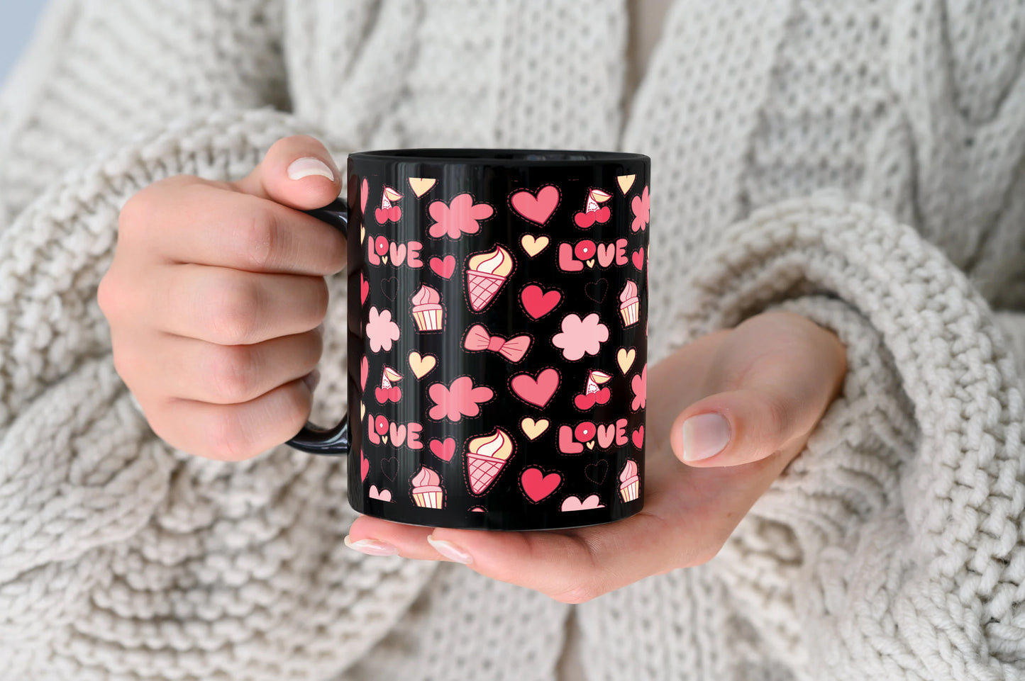 Retro pattern of decorative love elements design Full Black 330 ml Coffee Mug