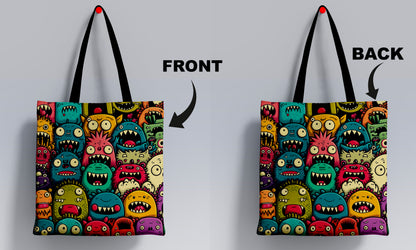 Funny Monsters Pattern Printed Black Handle Tote Bag (14 X 16 Inches) For Shopping, College, Travel