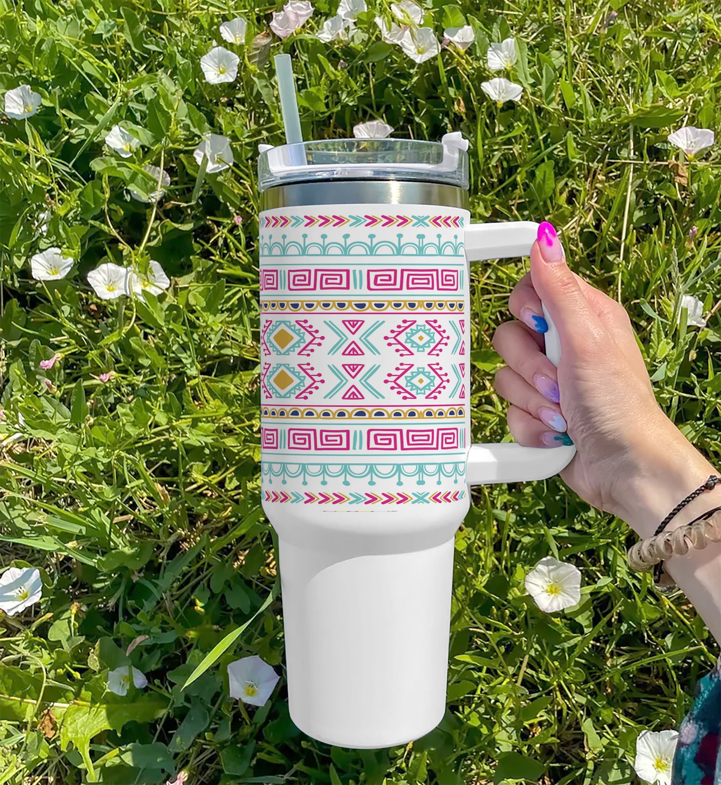 Vector tribal ethnic seamless pattern Printed 850ML with Lid Leak Proof Big Travel Tumbler with Handle and Straw