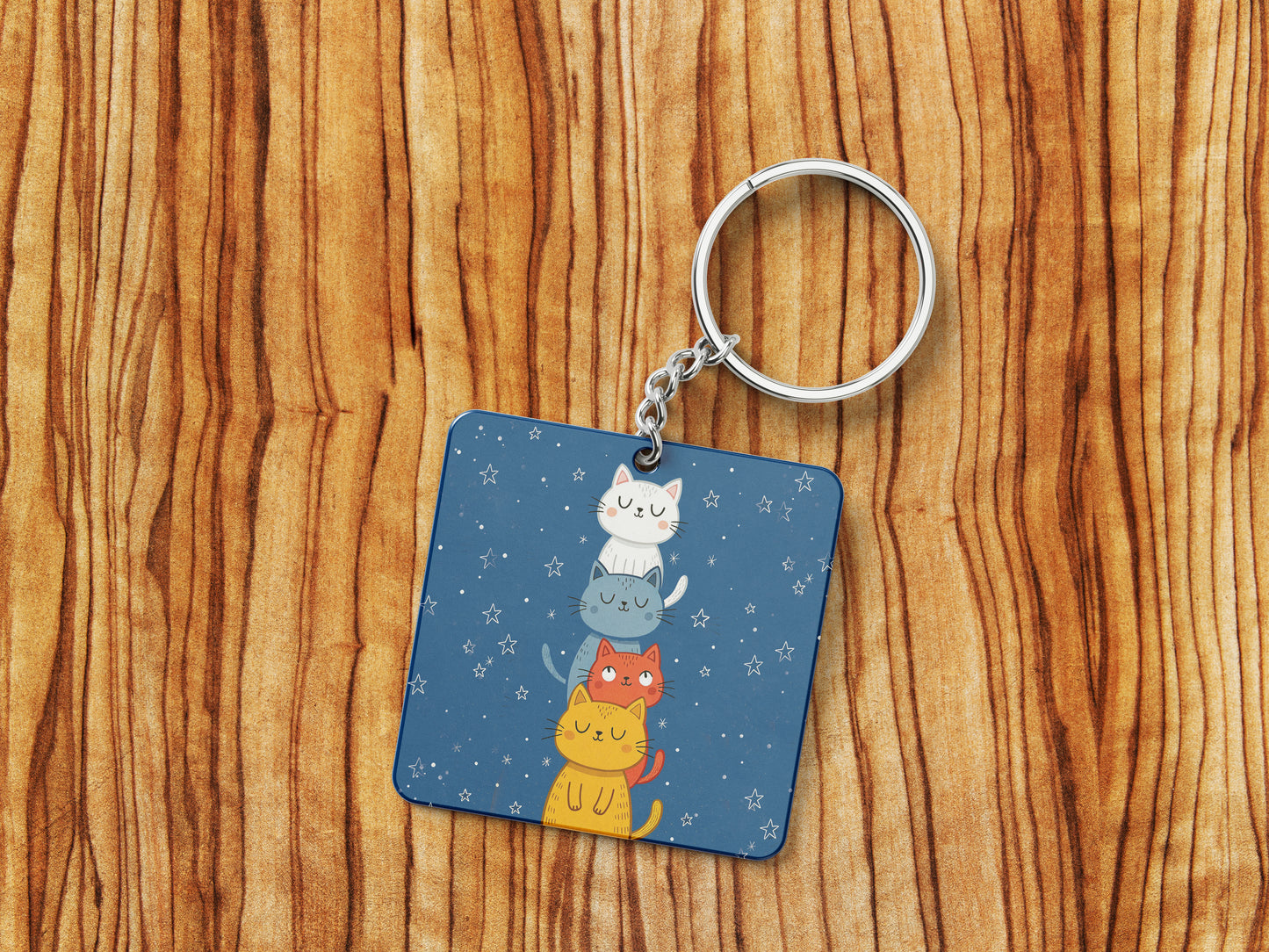Cat illustration Pattern Printed 330 ml White Coffee Mug with Square Shape Wooden Keyring and Chain