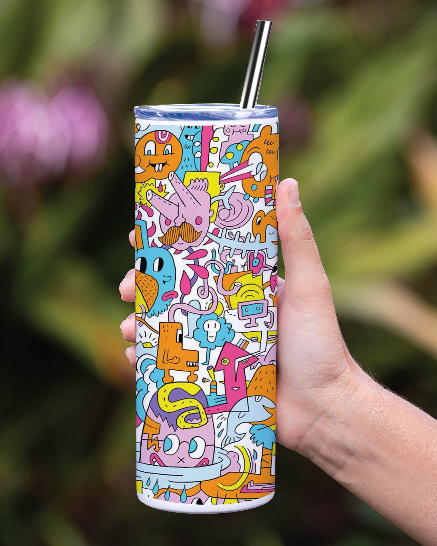 A colorful illustration of a group of people with different faces and the words Printed 750ML with Lid Leak Proof Travel Tumbler with Straw