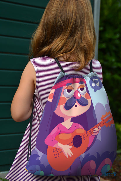 Hand Drawn Singing Hippie Cartoon illustration Polyester String Backpack Bags for kids for Gym, Yoga, Tuition ,Beach Bag for 4-10 year boys and girls