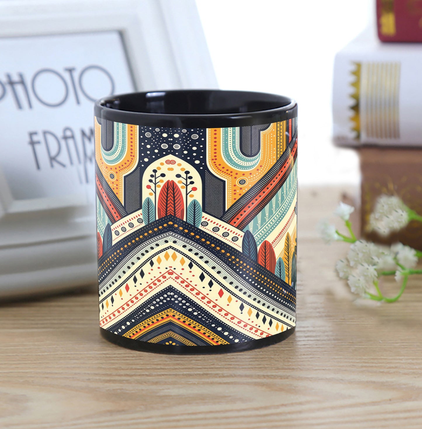 Boho Art Design Full Black 330 ml Coffee Mug with Coaster
