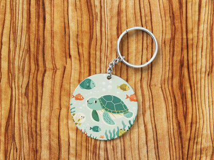 There are sea turtles swimming in the ocean with corals Nursery Painting Printed Round Circle Shape Wooden Keyring with Chain