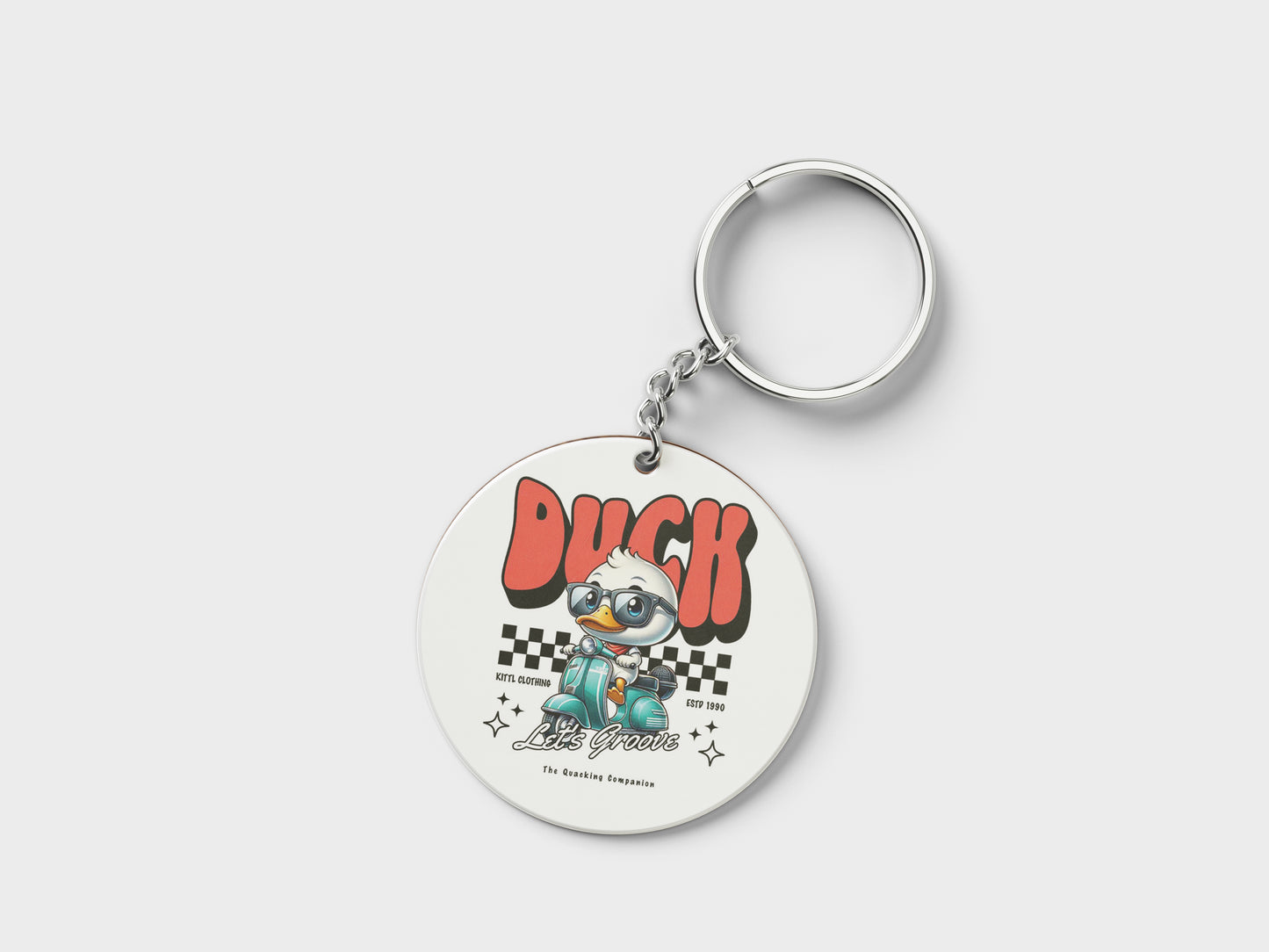 Duck - Lets Groove Design Printed Circle Shape Wooden Keyring with Chain