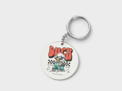 Duck - Lets Groove Design Printed Circle Shape Wooden Keyring with Chain