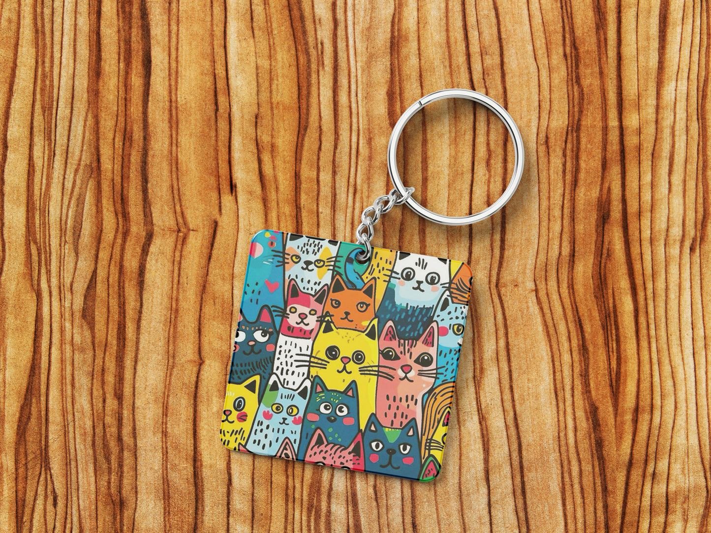 Colorful cat doodle art Printed Square Shape Wooden Keyring with Chain