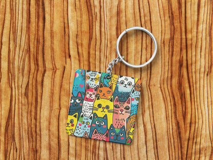 Colorful cat doodle art Printed Square Shape Wooden Keyring with Chain