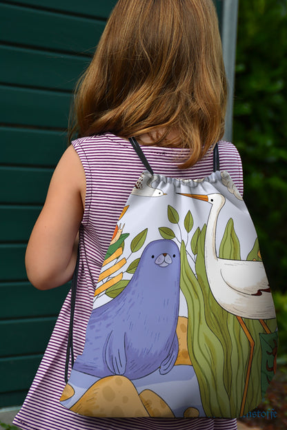 Hand Drawn Wildlife illustration Polyester String Backpack Bags for kids for Gym, Yoga, Tuition ,Beach Bag for 4-10 year boys and girls