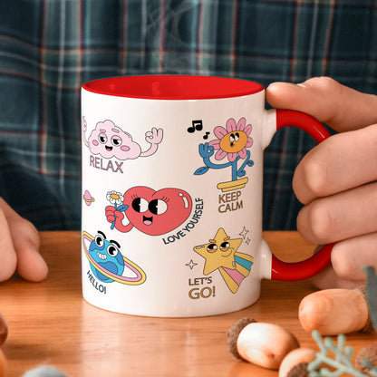 Hand drawn trendy cartoon badges design Red Handle 330 ml Coffee Mug