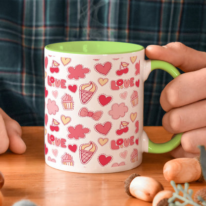Retro pattern of decorative love elements design Light Green Handle 330 ml Coffee Mug