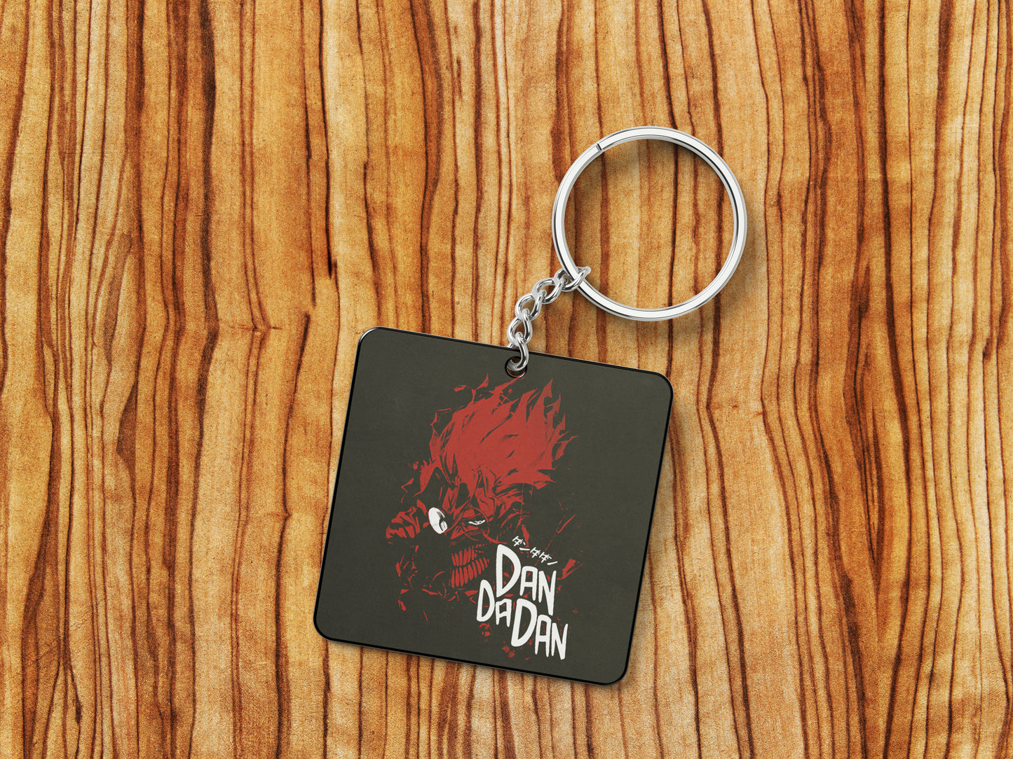 Red Rage Dandadan Printed Square Shape Wooden Keyring with Chain