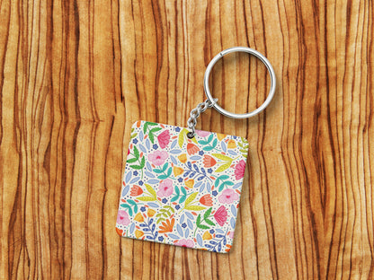 Amazing seamless floral pattern Printed Square Shape Wooden Keyring with Chain