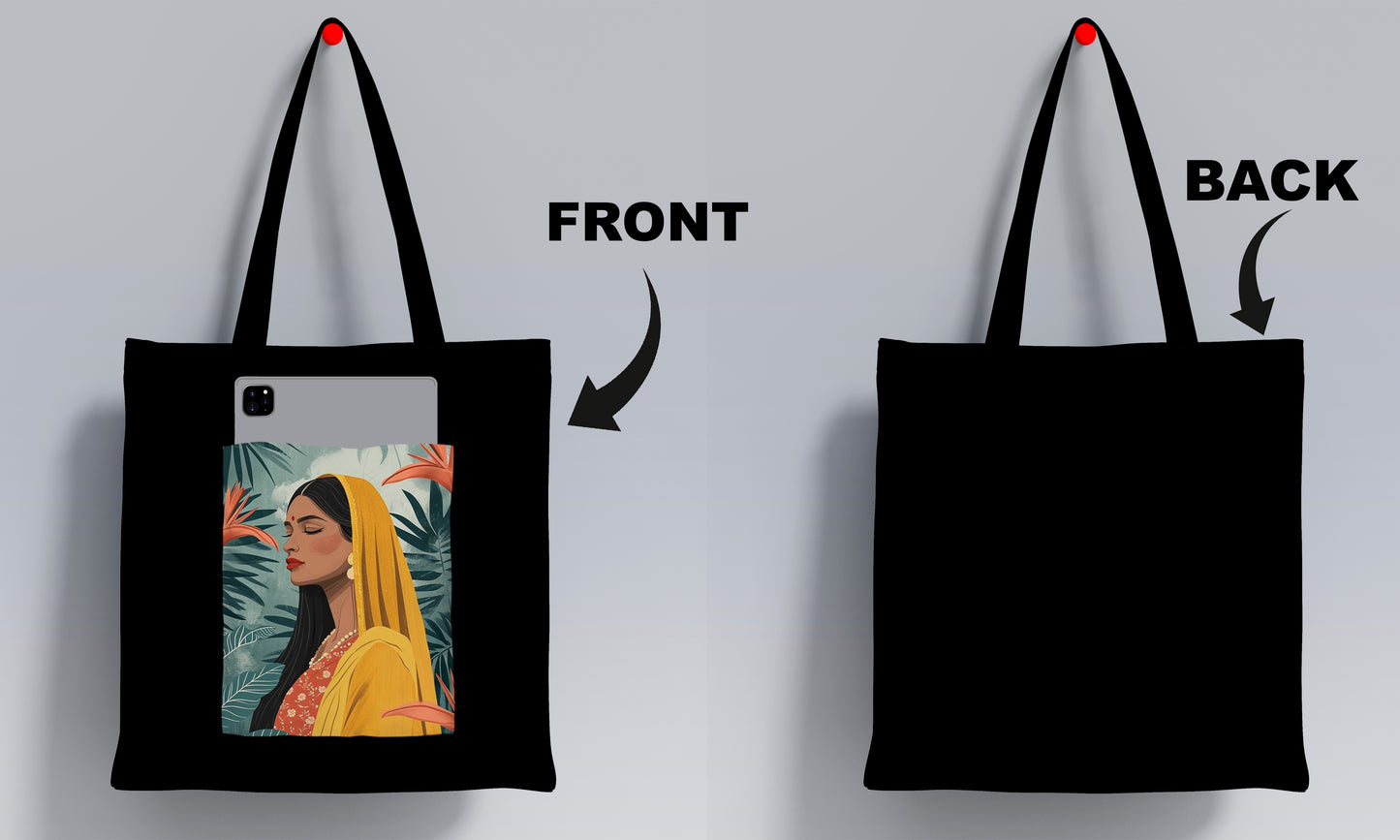 Beautiful Indian women wearing yellow saree Design Printed Black Patch With Pocket Tote Bag (14 X 16 Inches) For Shopping, College, Travel