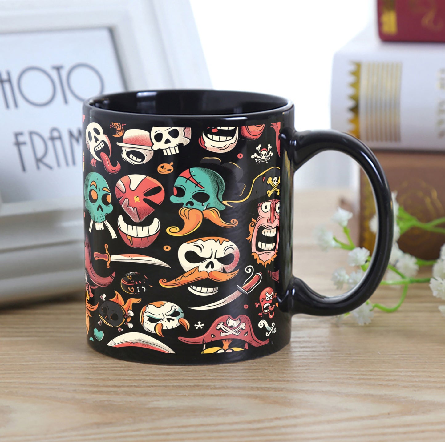 Cartoon Characters Pirate Combo Mugs and Coaster(Set of 2 Mugs and 2 coasters) 330 ml Full Black Coffee Mug