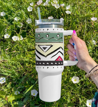 Ethnic Pattern 2 Printed 850ML with Lid Leak Proof Big Travel Tumbler with Handle and Straw