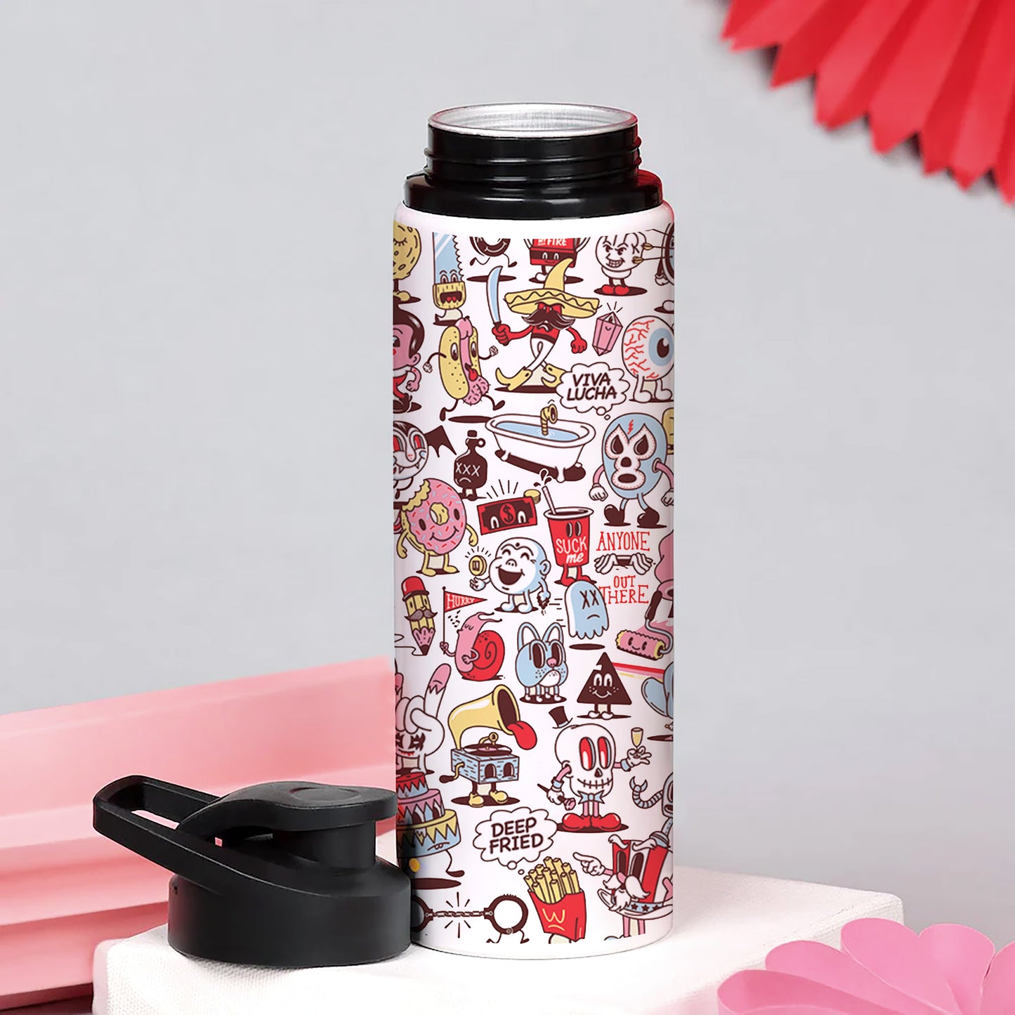 Cartoon doodle Pattern Printed Eagle Shape Water Bottle 750 ml For Gym, Yoga, Kids, Boys, Girls, Brother, Sister, Babies, Baby, Workout, Adults