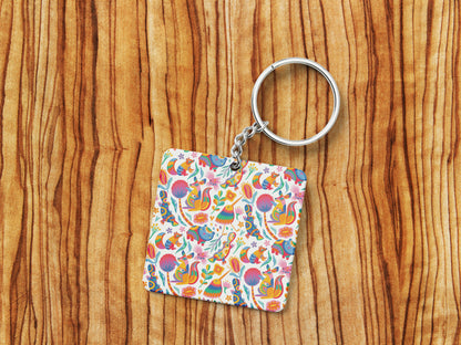 Seamless Animals, Flowers and Leaves Pattern Printed 330 ml White Coffee Mug with Square Shape Wooden Keyring and Chain