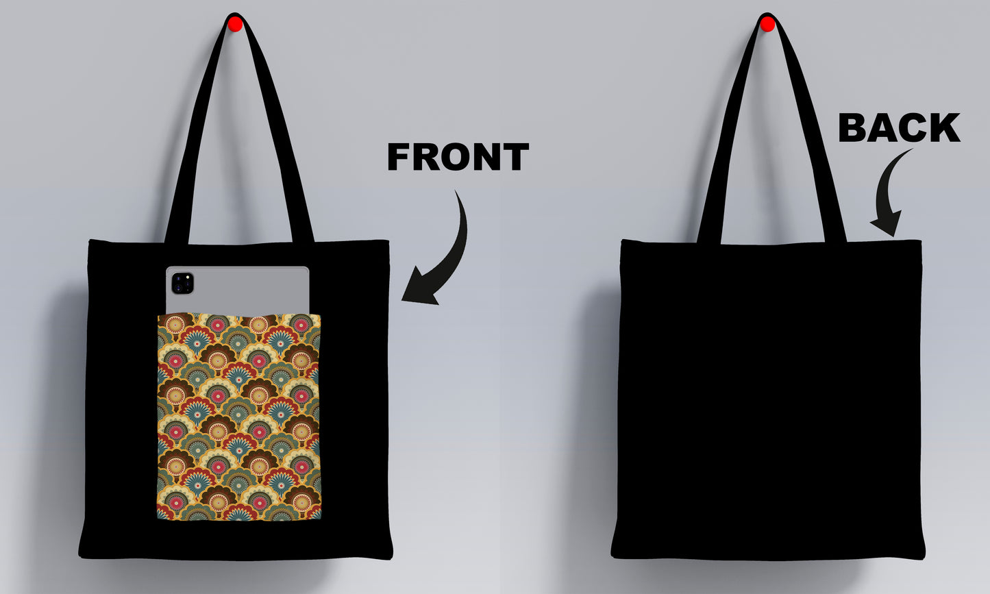 Colorful mandala seamless illustration Design Printed Black Patch With Pocket Tote Bag (14 X 16 Inches) For Shopping, College, Travel