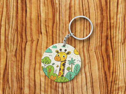 A cartoon drawing of giraffes and trees Printed Round Circle Shape Wooden Keyring with Chain