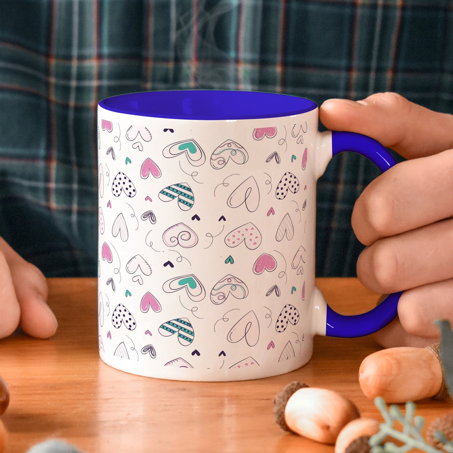 Pretty hearts pattern design Dark Blue Handle 330 ml Coffee Mug