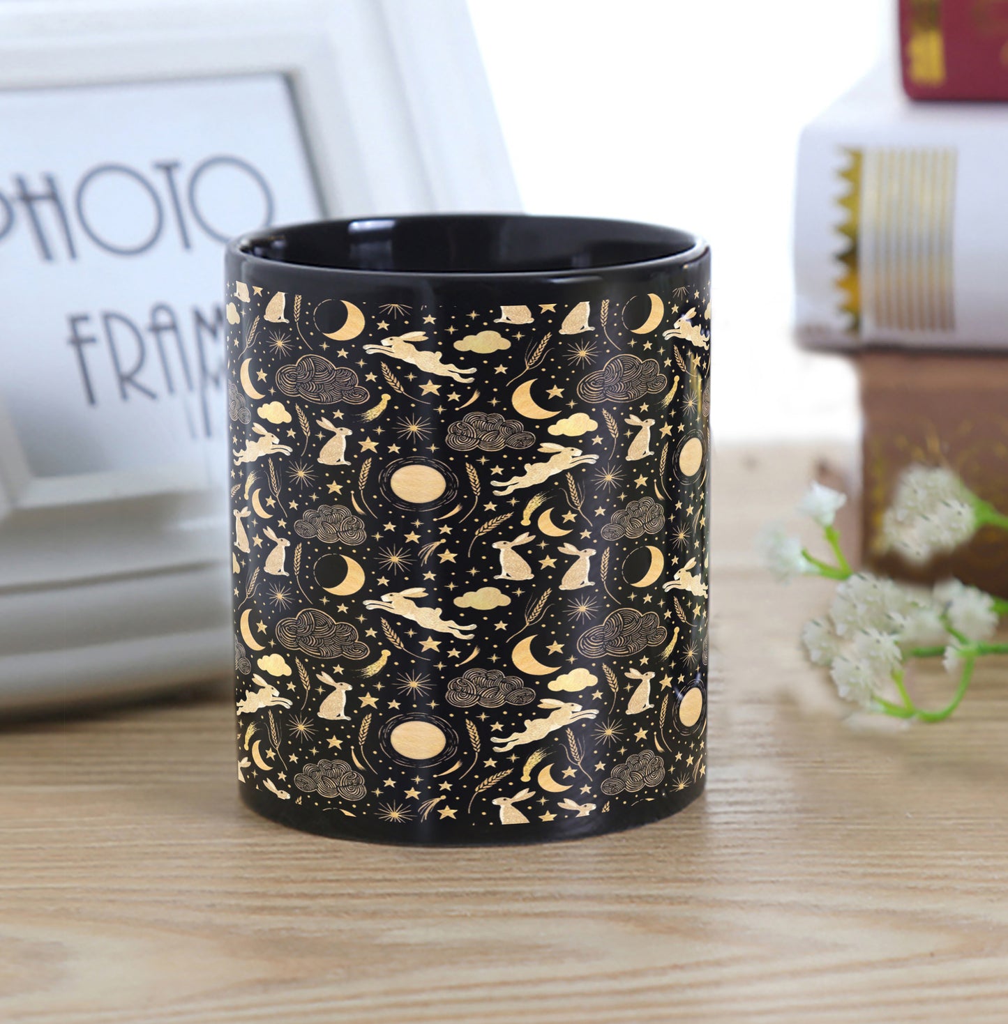 Harvest Moon Design Full Black 330 ml Coffee Mug with Coaster
