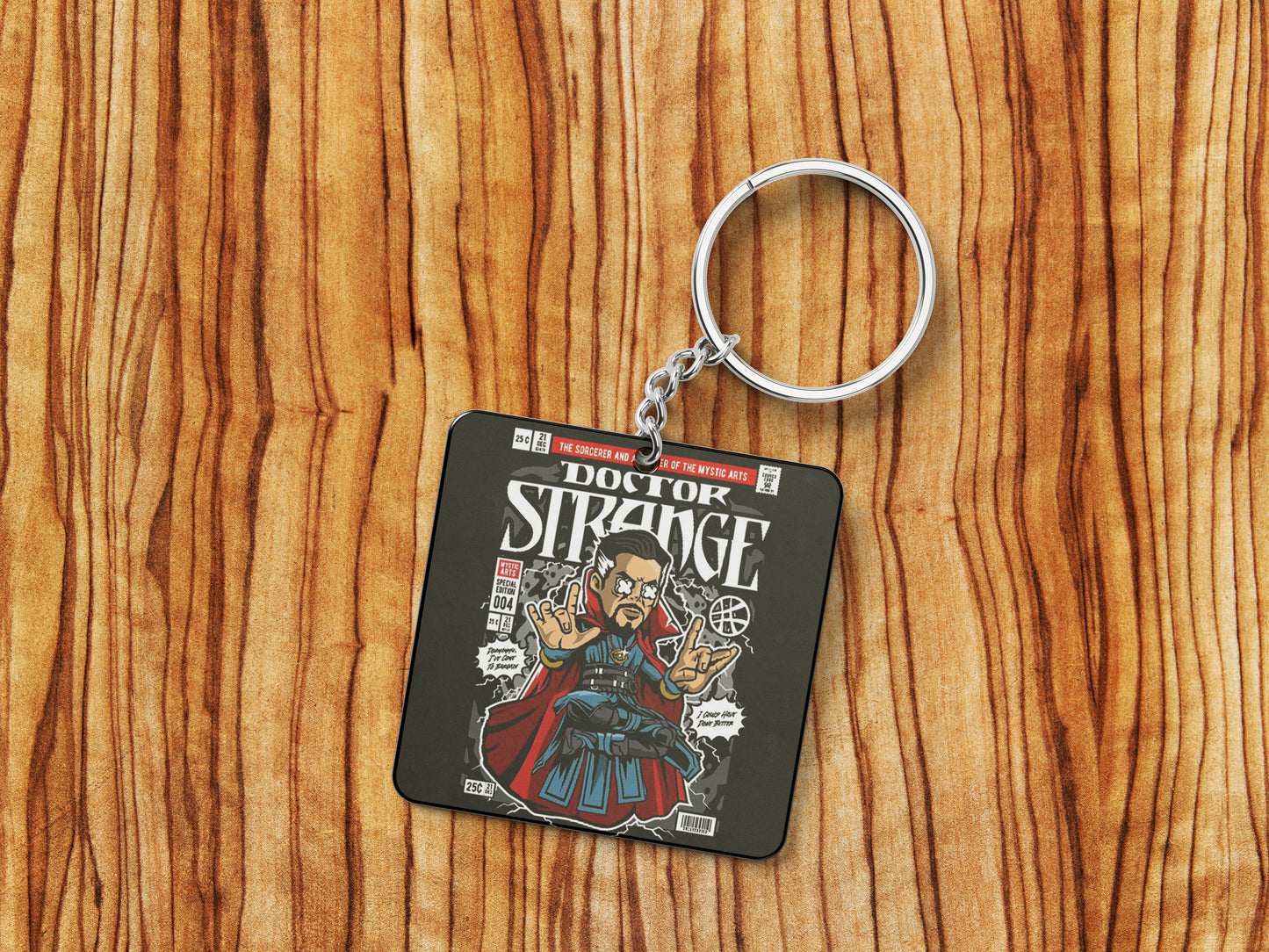 Pop art Dr Strange Printed Square Shape Wooden Keyring with Chain