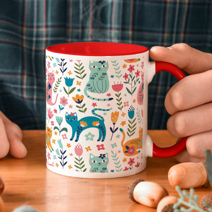 Vector seamless pattern with flowers and cats Cute Flower Cats in cartoon style Red Handle 330 ml Coffee Mug