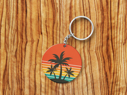Sunset palm tree vintage vector illustration Printed Round Circle Shape Wooden Keyring with Chain