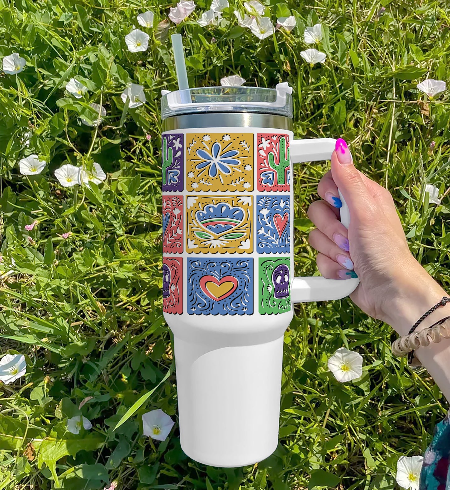 Mexican bunting design Printed 850ML with Lid Leak Proof Big Travel Tumbler with Handle and Straw