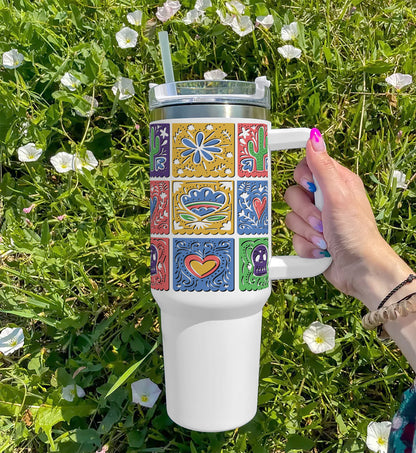 Mexican bunting design Printed 850ML with Lid Leak Proof Big Travel Tumbler with Handle and Straw