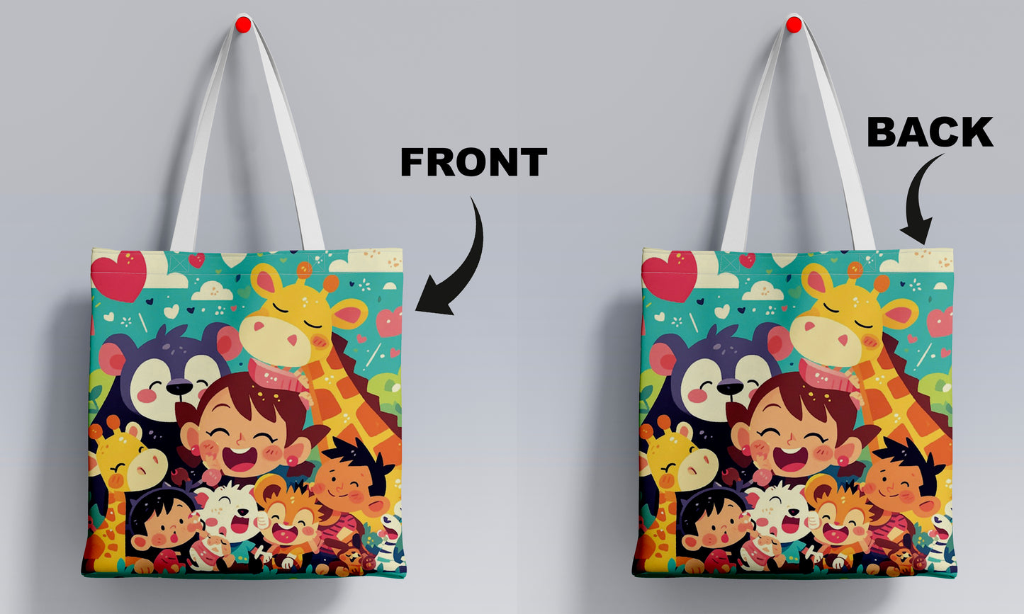 Kids Enjoying Zoo illustrated Printed Design White Tote Bag (14 X 16 Inches) For Shopping, College, Travel