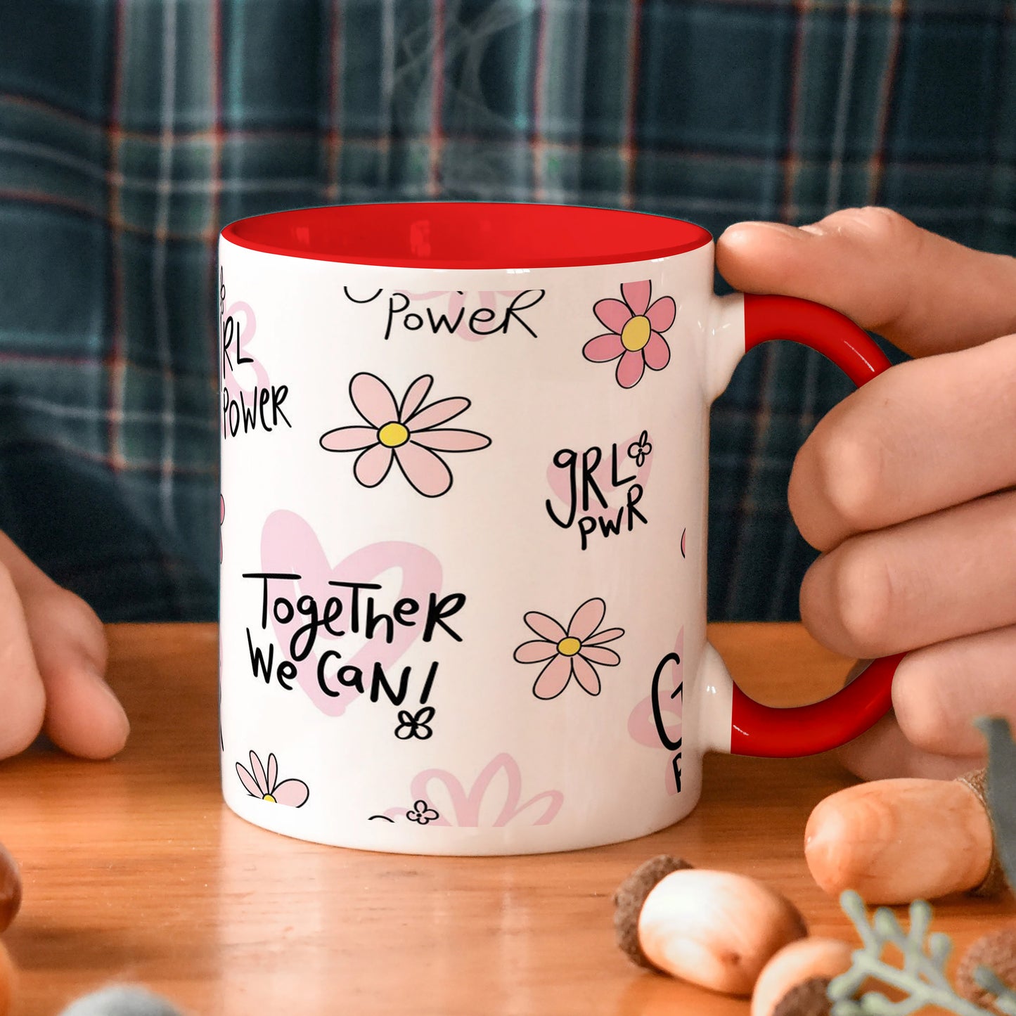 Cute pink flower and heart drawings. Seamless pattern  Red Handle 330 ml Coffee Mug