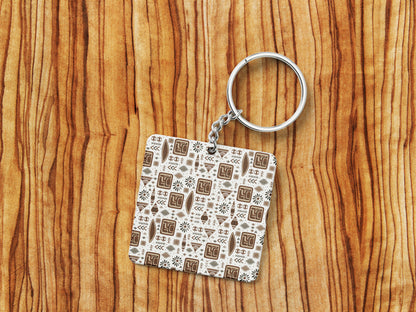 Ethnic Seamless Pattern Printed 330 ml White Coffee Mug with Square Shape Wooden Keyring and Chain
