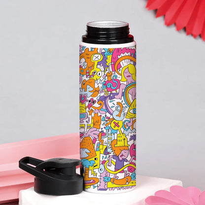 A colorful illustration of a group of people with different faces and the words Printed Eagle Shape Water Bottle 750 ml For Gym, Yoga, Kids, Boys, Girls, Brother, Sister, Babies, Baby, Workout, Adults