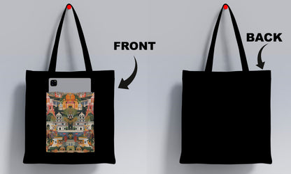 Oriental buildings and trees Design Printed Black Patch With Pocket Tote Bag (14 X 16 Inches) For Shopping, College, Travel