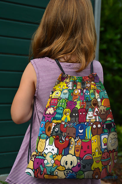 Doodle Smiling Monsters Seamless Pattern Polyester String Backpack Bags for kids for Gym, Yoga, Tuition ,Beach Bag for 4-10 year boys and girls