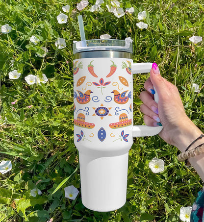 Flat colorful mexican design Printed 850ML with Lid Leak Proof Big Travel Tumbler with Handle and Straw