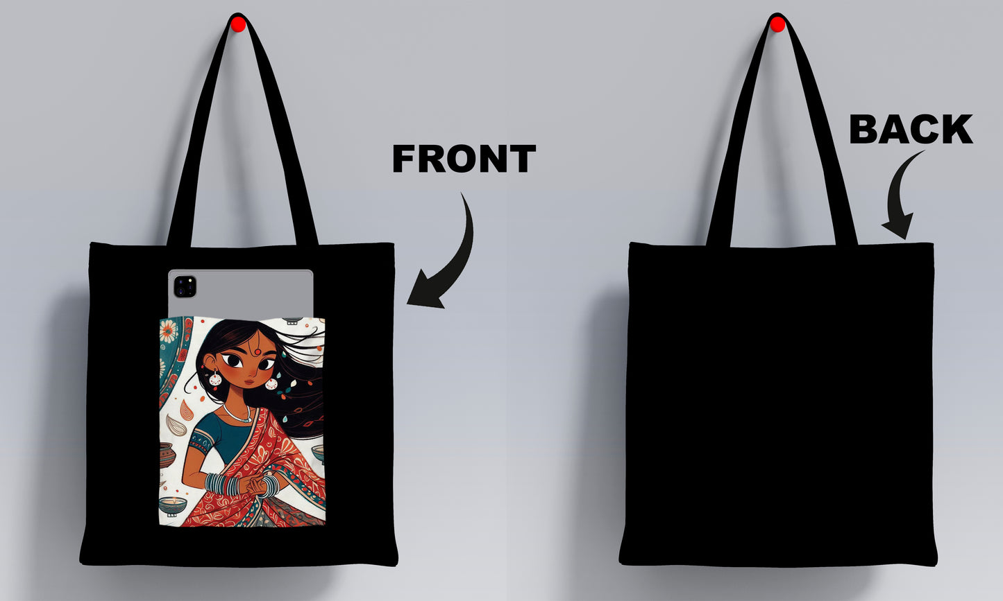 Young indian girl cartoon Design Printed Black Patch With Pocket Tote Bag (14 X 16 Inches) For Shopping, College, Travel