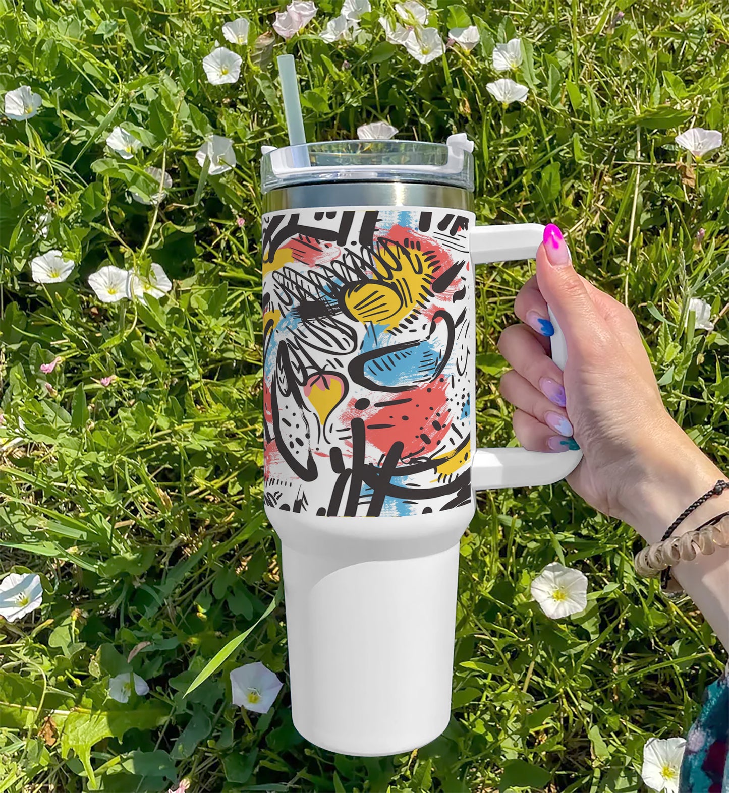 A colorful painting of a man with a yellow hat Printed 850ML with Lid Leak Proof Big Travel Tumbler with Handle and Straw