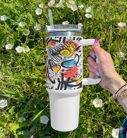 A colorful painting of a man with a yellow hat Printed 850ML with Lid Leak Proof Big Travel Tumbler with Handle and Straw