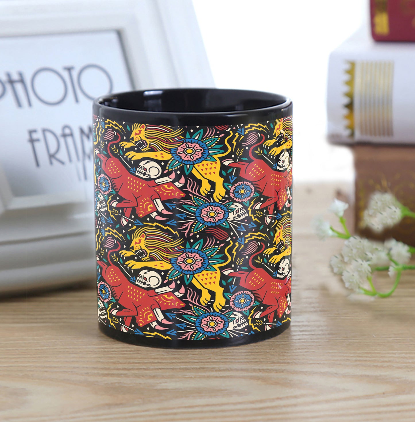 Vivid Animals Art pattern Design Full Black 330 ml Coffee Mug with Coaster