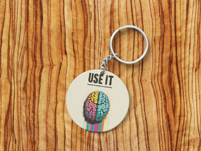 Vibrant Dual Hemisphere Brain Art Motivational Printed Round Circle Shape Wooden Keyring with Chain