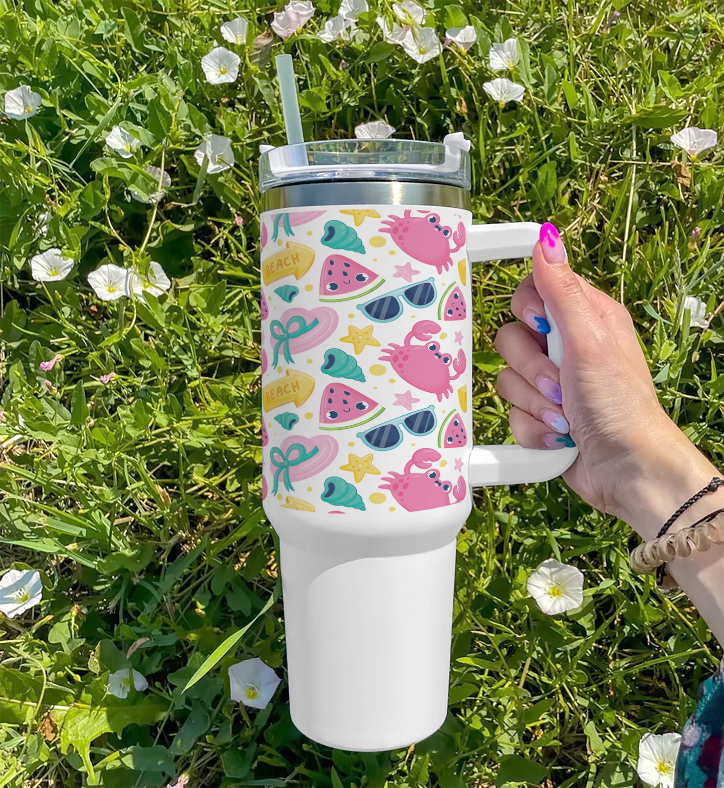 Hand drawn pattern design for summertime Printed 850ML with Lid Leak Proof Big Travel Tumbler with Handle and Straw